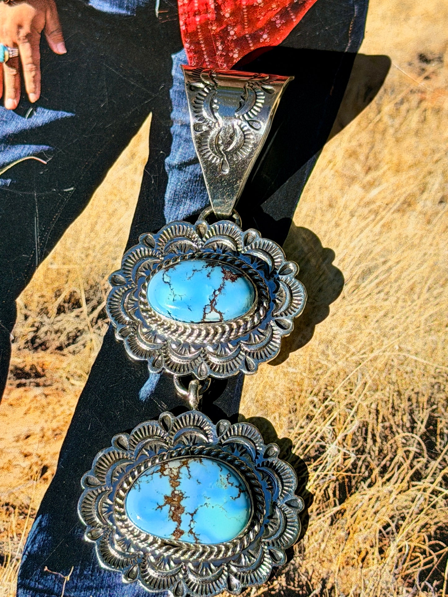 Native Made 2 Stone Golden Hills Turquoise Pendant by Eula Wylie