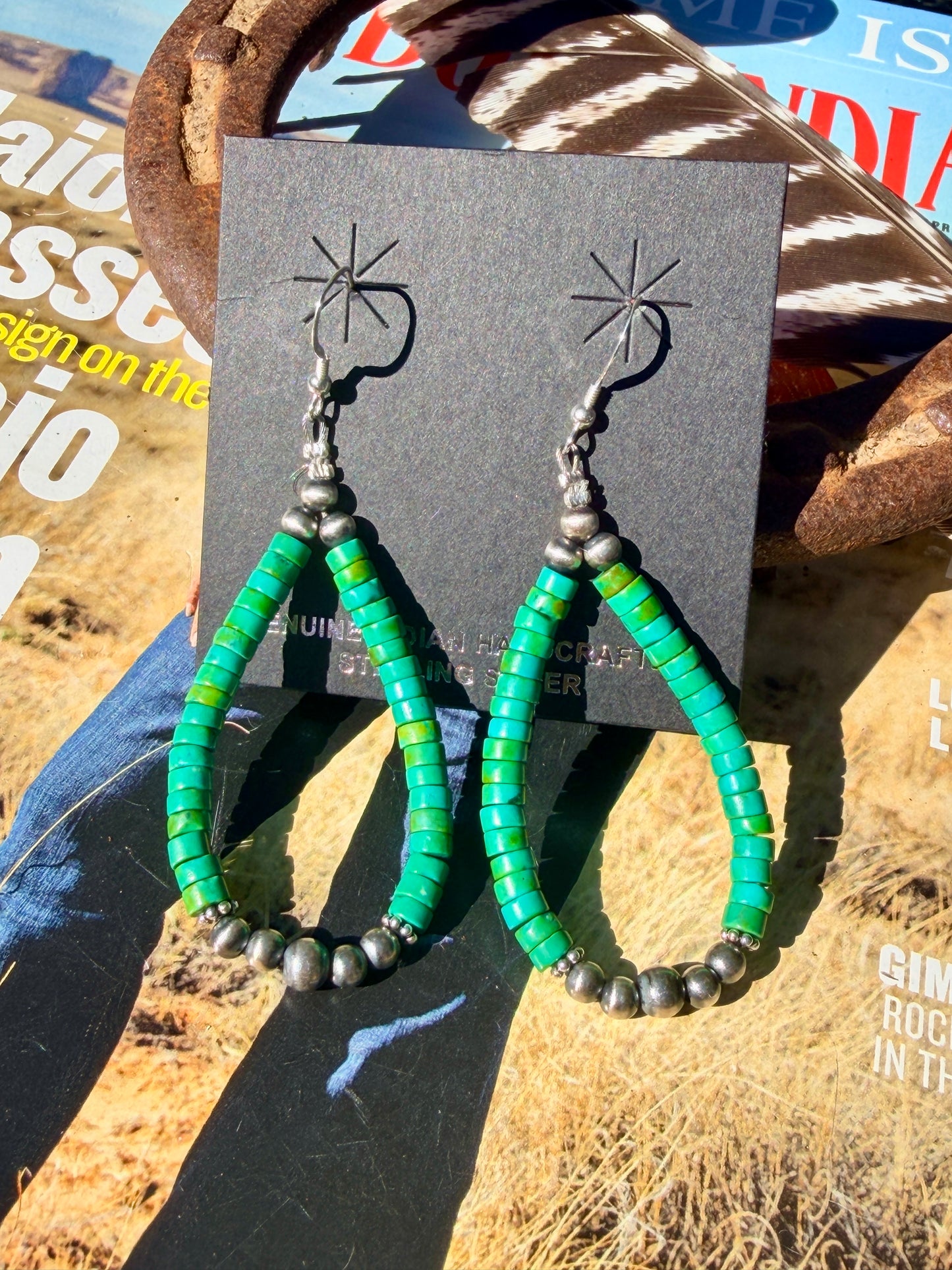 Bright Green Turquoise and Sterling Silver Pearl Hoop Earrings