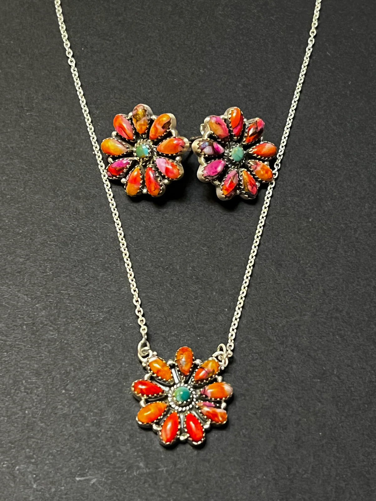 HANDMADE STERLING SILVER ORANGE DREAM CLUSTER NECKLACE & EARRING SET