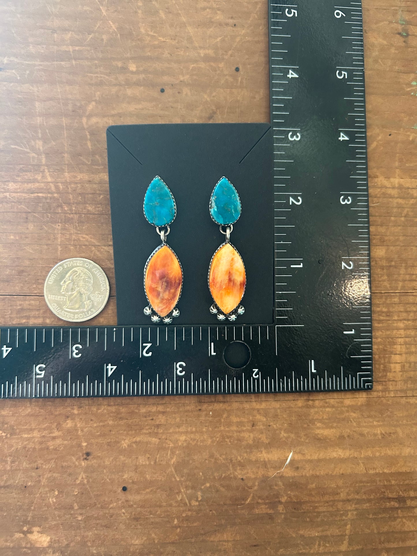 Authentic Gorgeous 2 Stone Turquoise and Orange Spiny Oyster Earrings