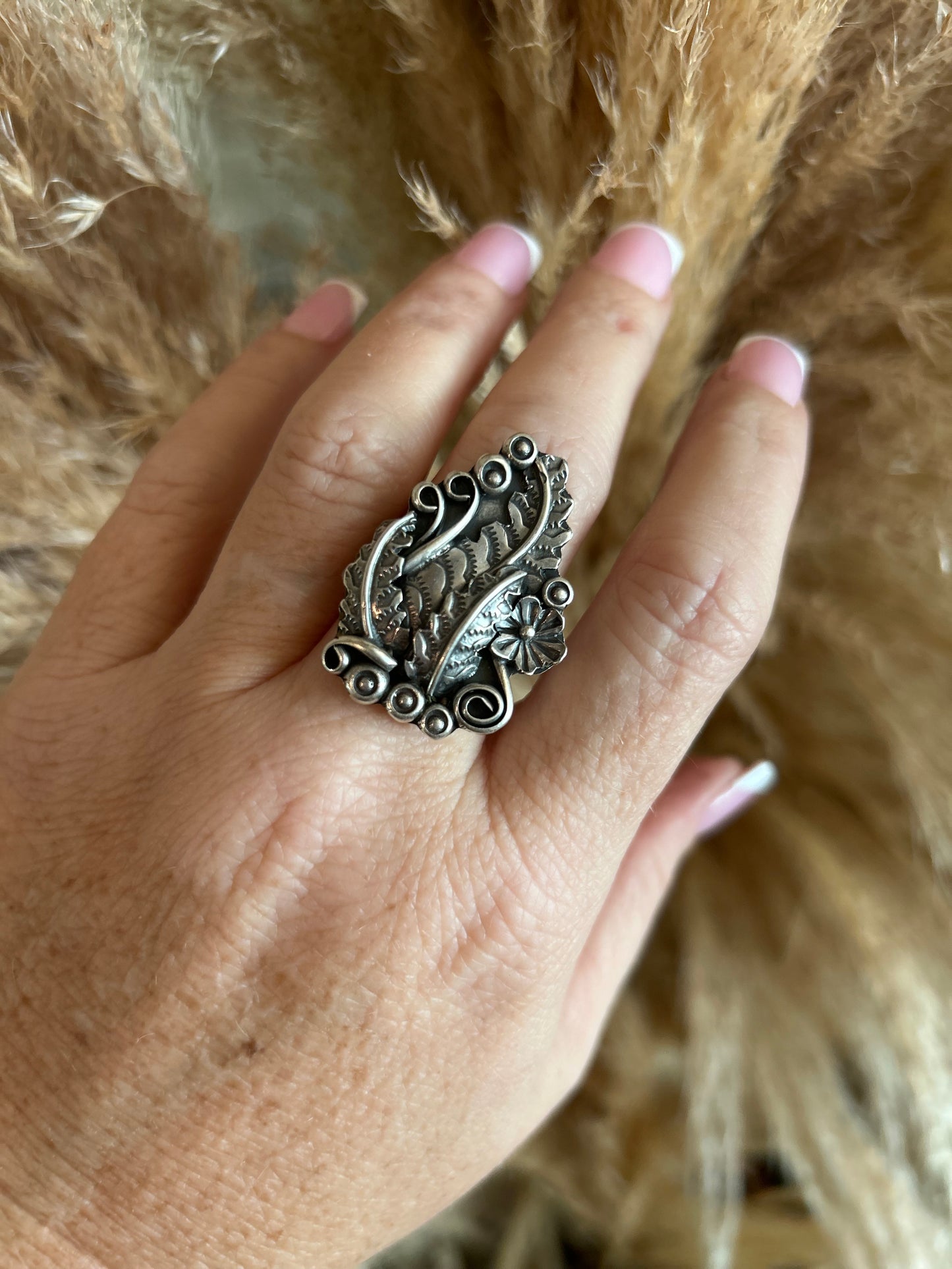 Sterling Silver Desert Flowers and Foliage Navajo Ring by Harry Yazzie
