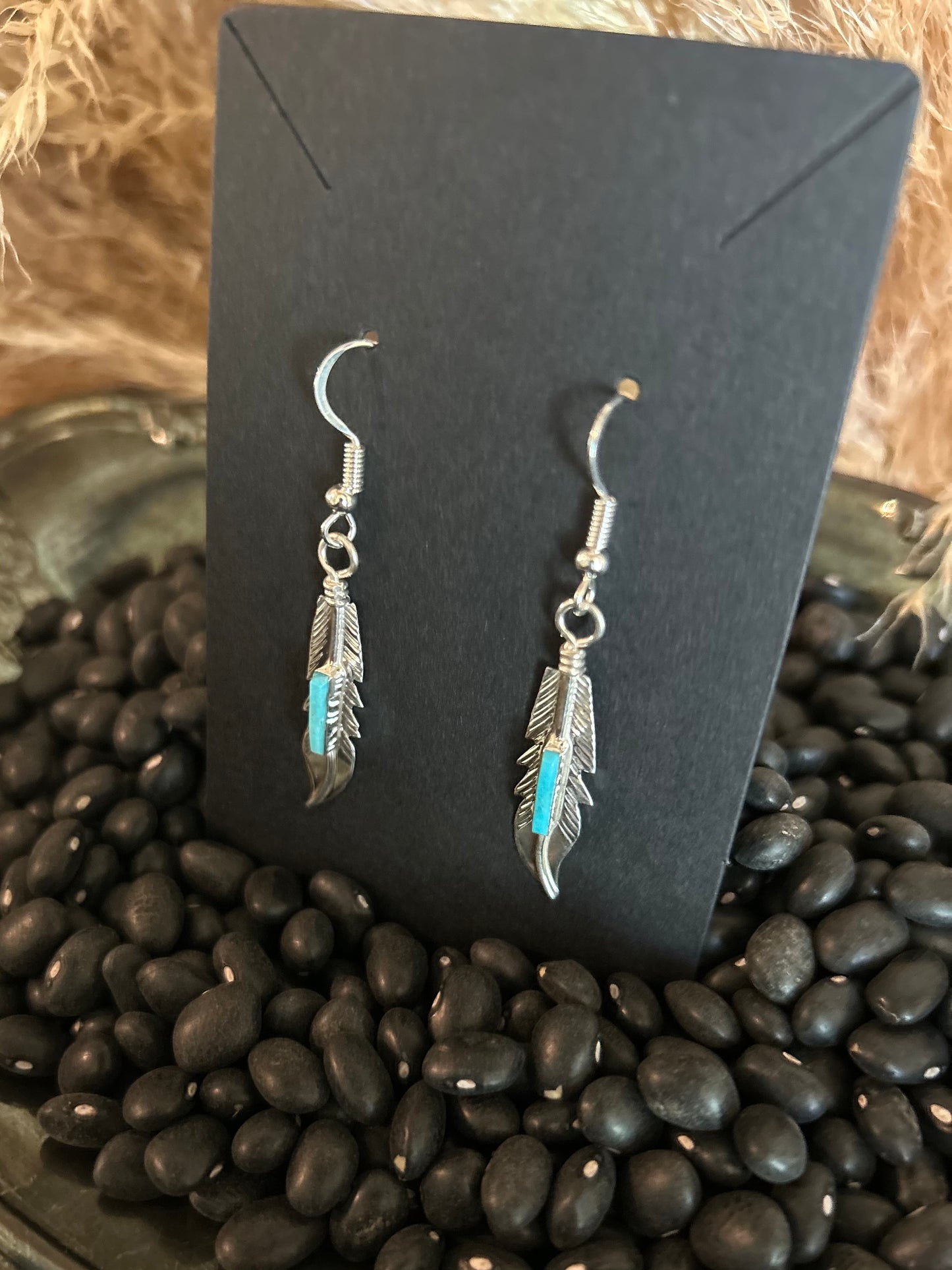 Navajo Handmade Sterling Silver and Kingman Turquoise Feather Earrings by Allen Barney