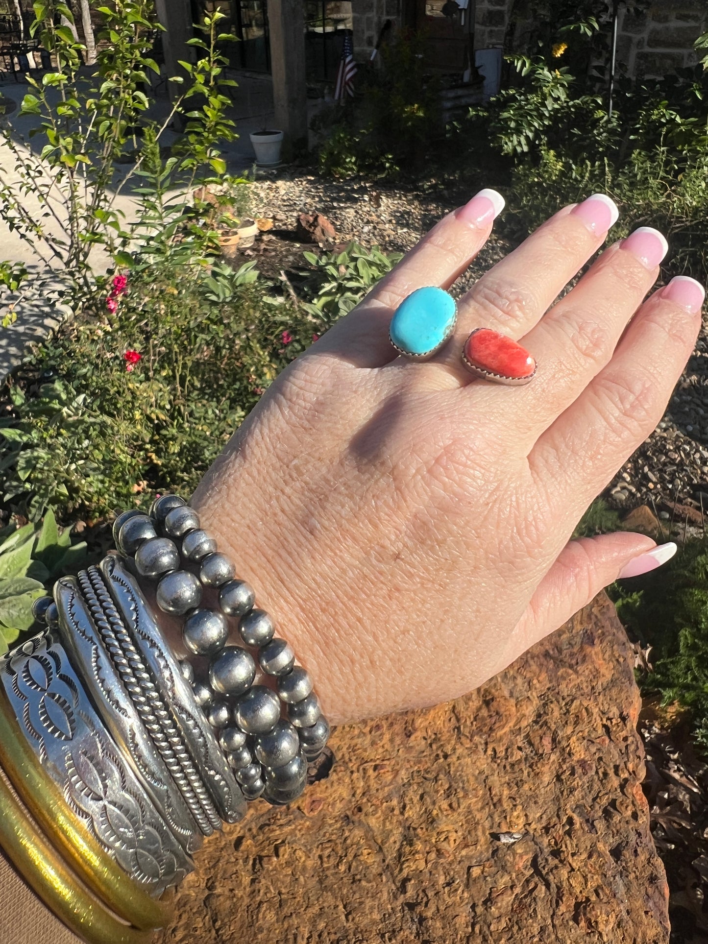 Navajo Turquoise Orange Spiny Ring Sz 8 Adjustable Sterling Silver J Long