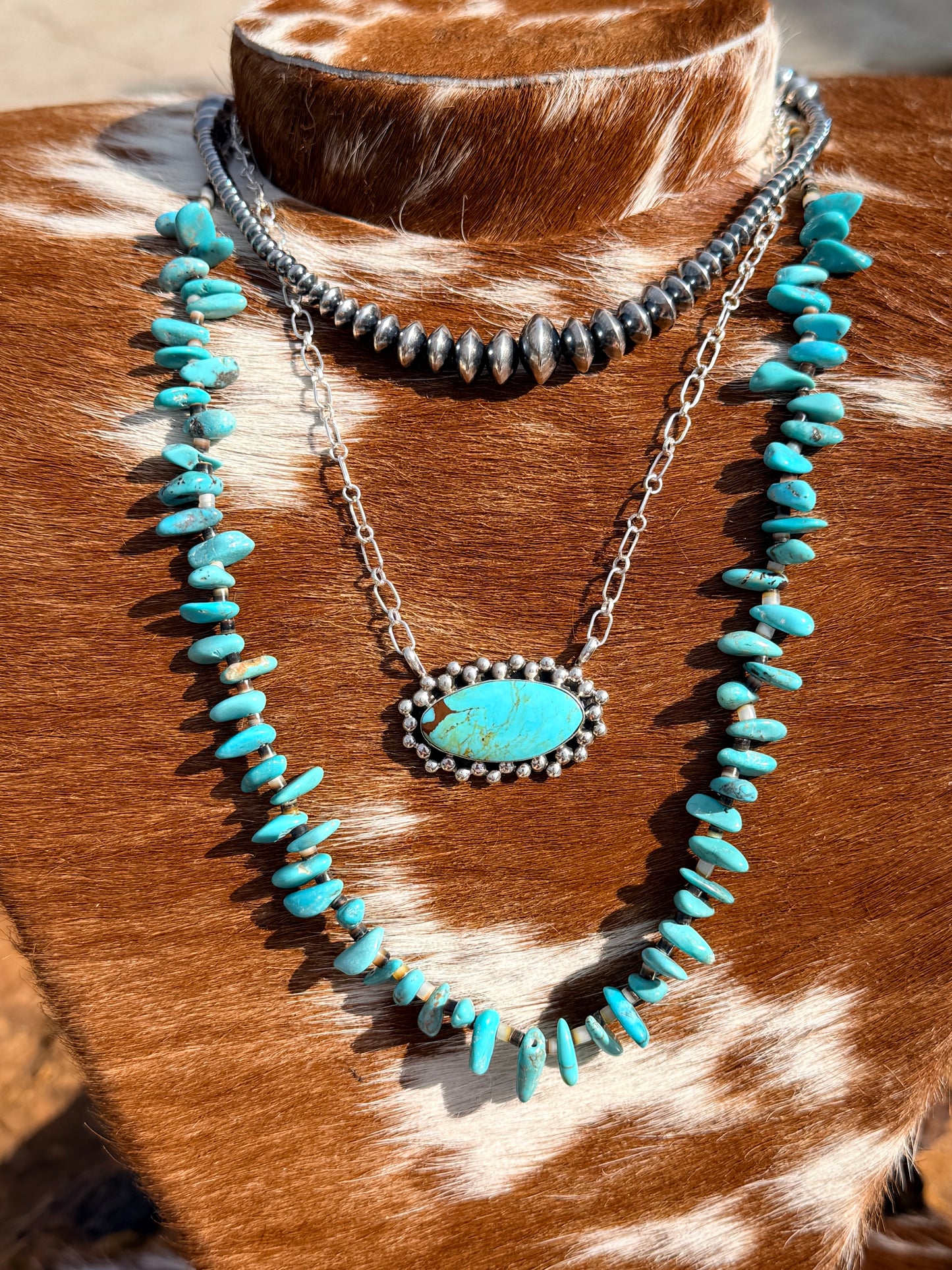 22 inch Long Real Turquoise and Shell Teardrop Shape Blue Side