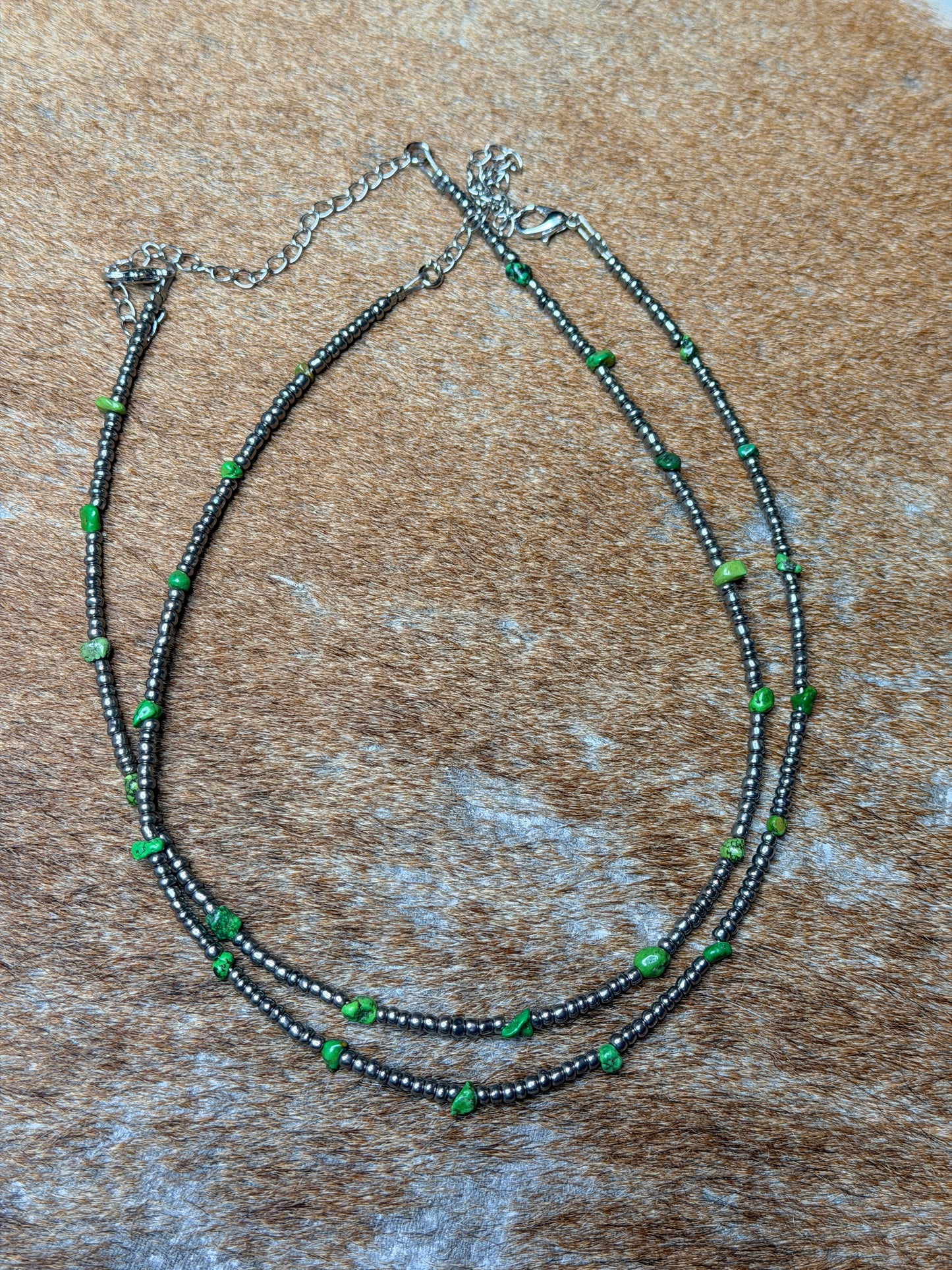 Green Turquoise Glass Seed Bead Necklace – 14 Inch