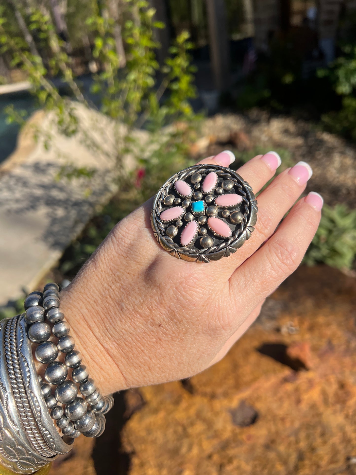 Navajo Pink Conch and Turquoise Cluster Ring Size 5 Sterling Silver J Begay