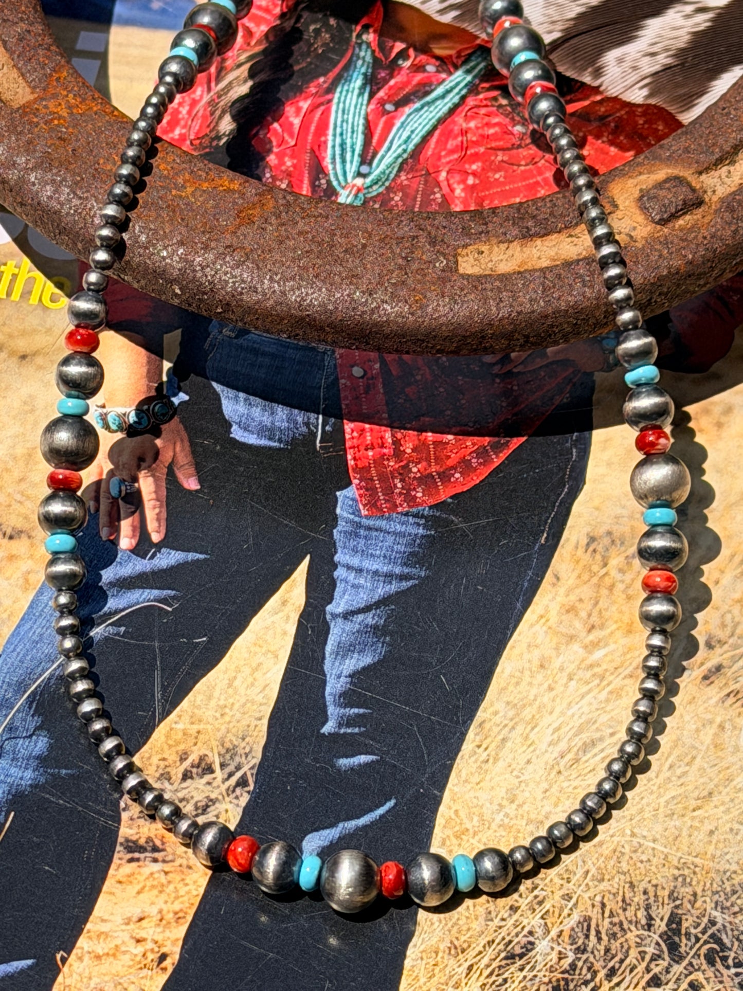 Red Spiny, Turquoise and Desert Pearls Necklace