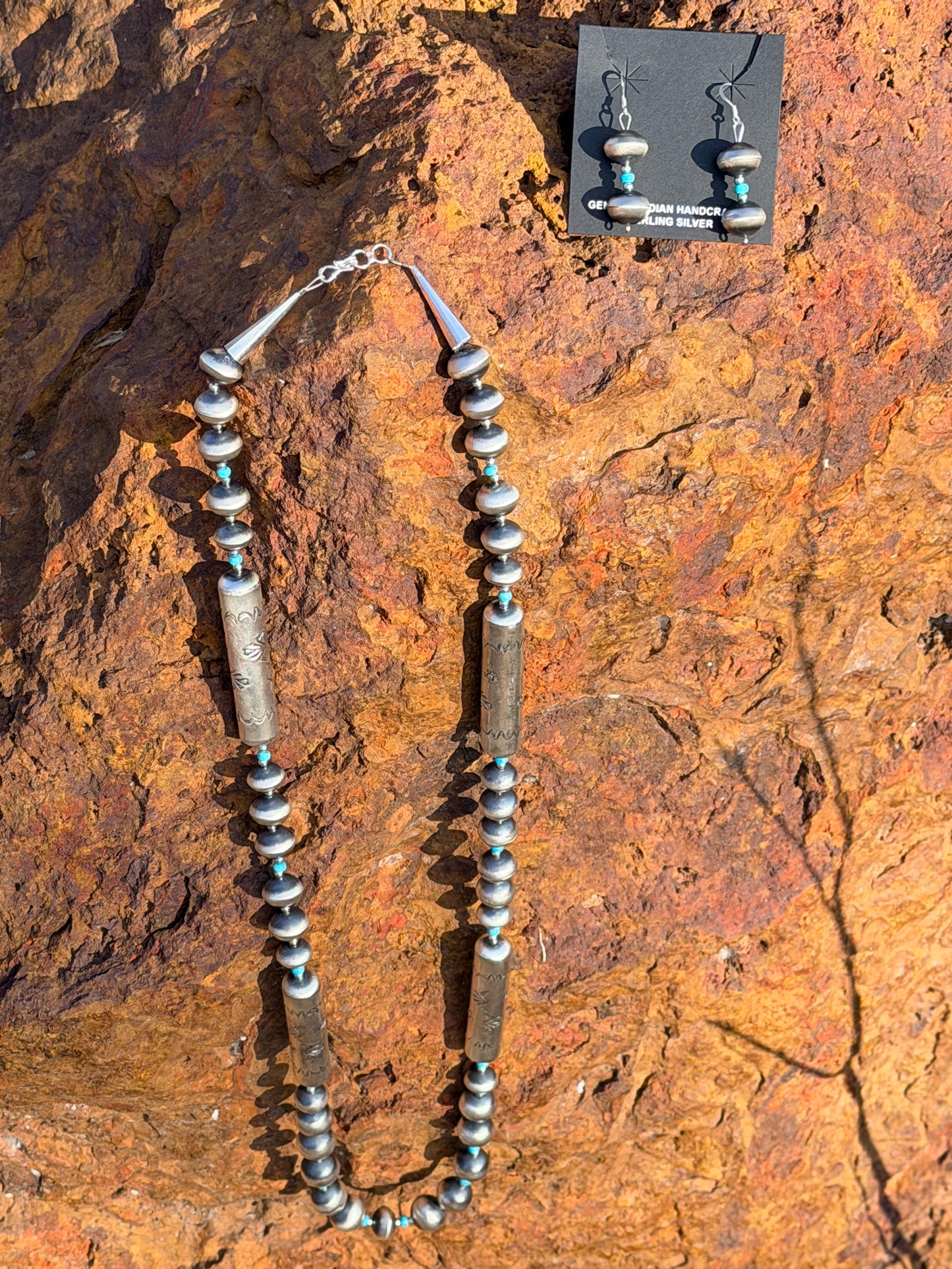 32" Navajo Pearl Necklace w Square Beads + Stamped Barrels