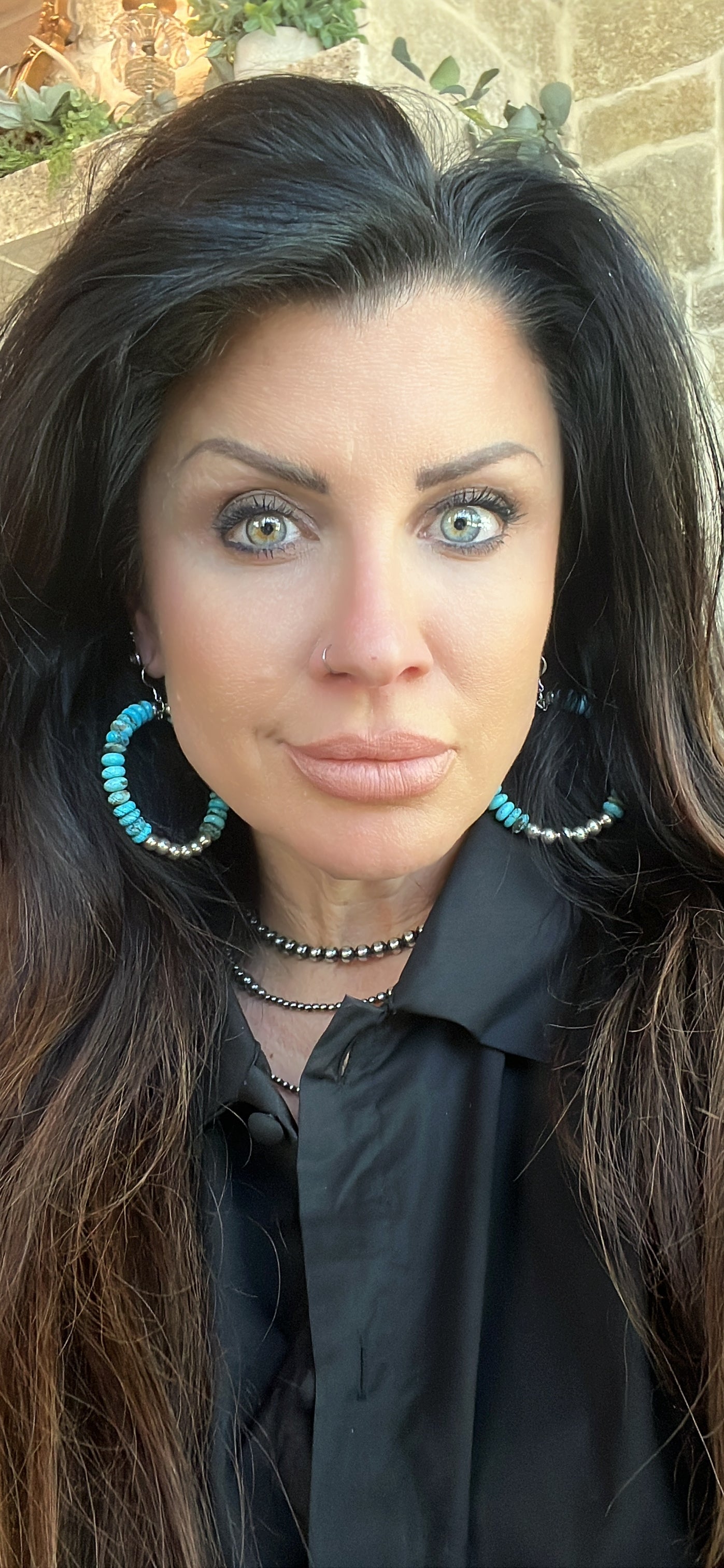 Super cute beade turquoise and sterling silver dangle hoops