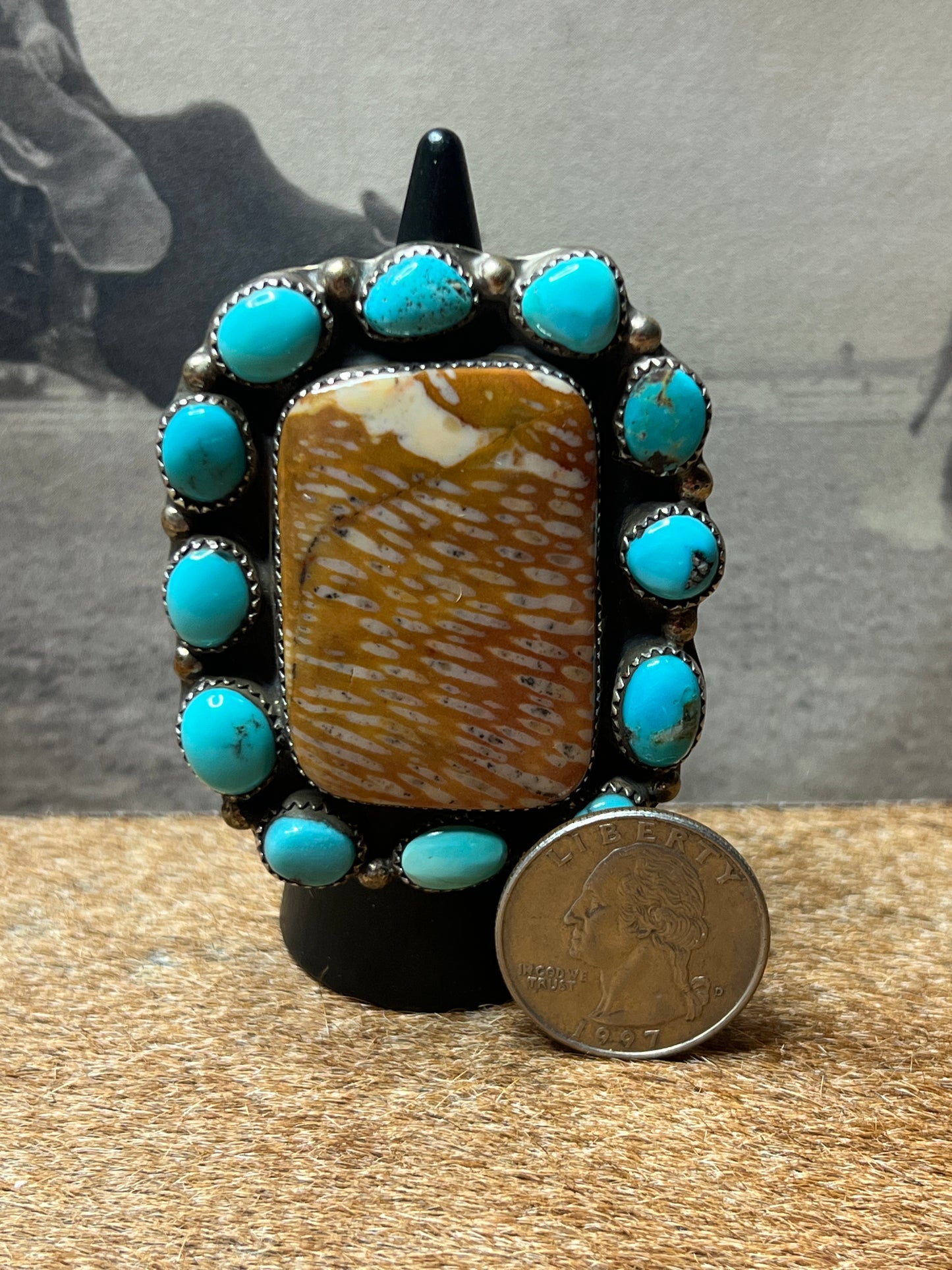 Extra Large Rare Deer Fawn Jasper and Turquoise Cluster Ring size 8.5