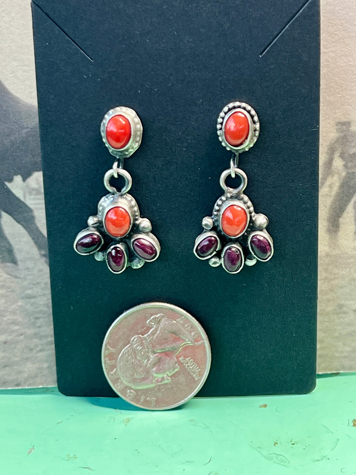 Navajo Sterling Silver Coral and Purple Spiny Cluster Earrings