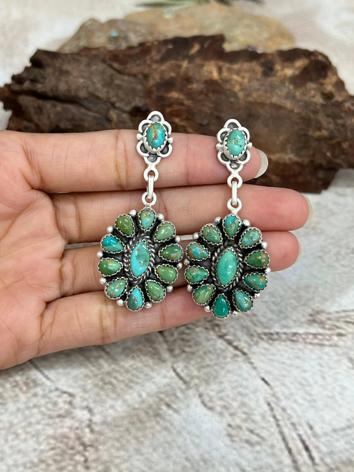 HANDMADE STERLING SILVER KINGMAN TURQUOISE POST DANGLE EARRINGS