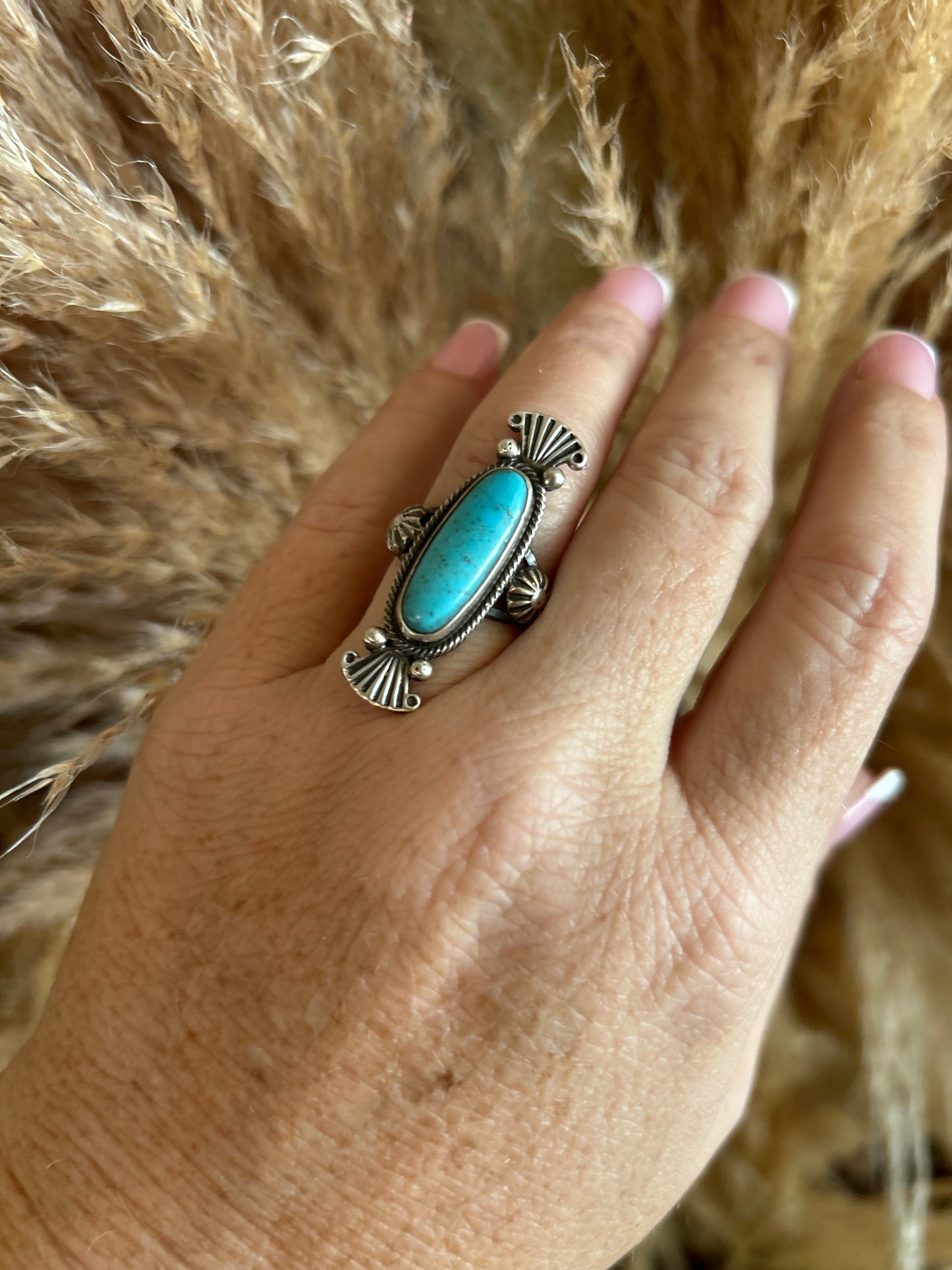 Authentic Native Made Turquoise and Detailed Sterling Silver Stamping and Starburst Ring by Maritta Benally size 7