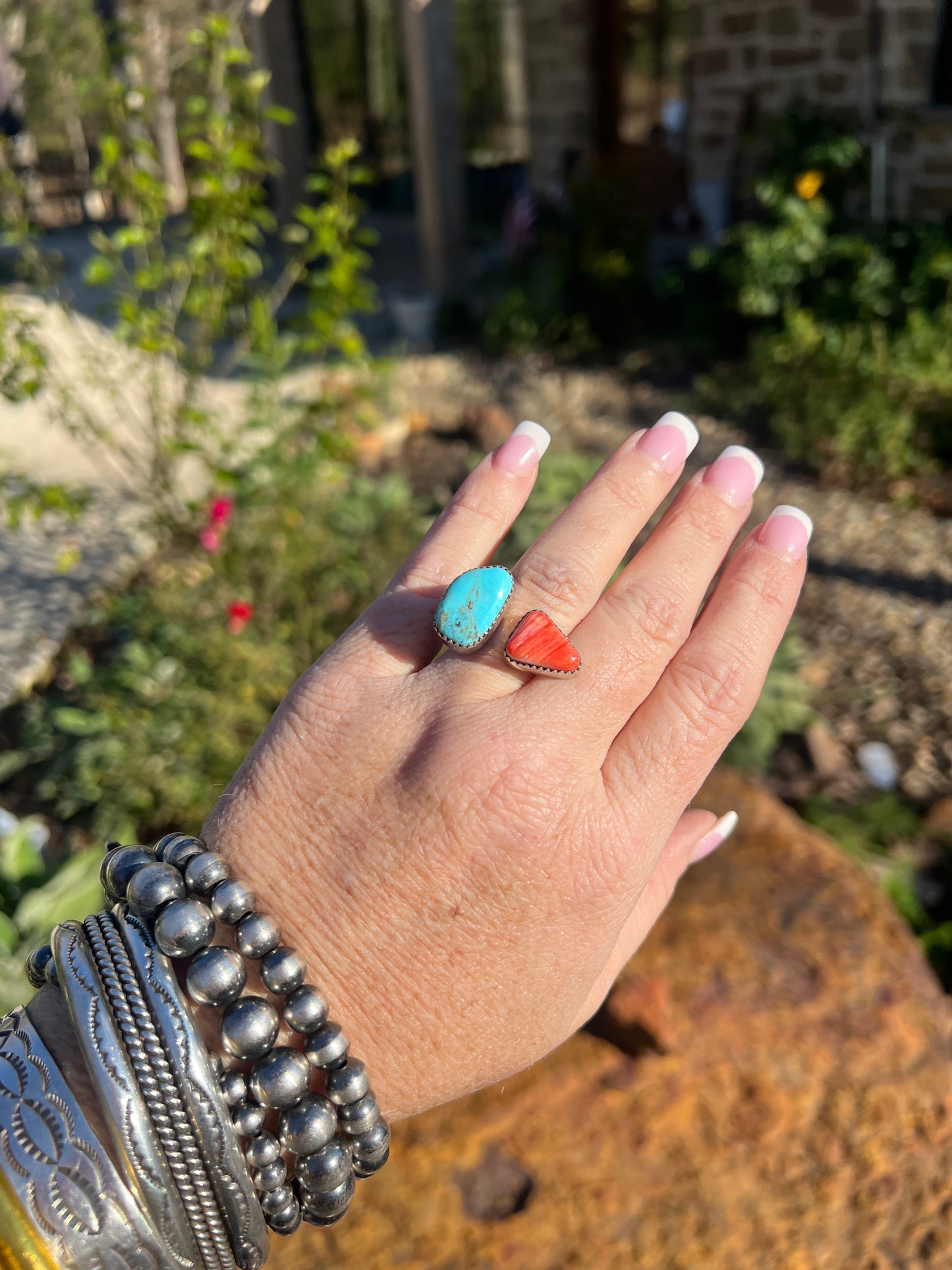 Navajo Turquoise Orange Spiny Ring Sz 7.5 Adjustable Sterling Silver J Long