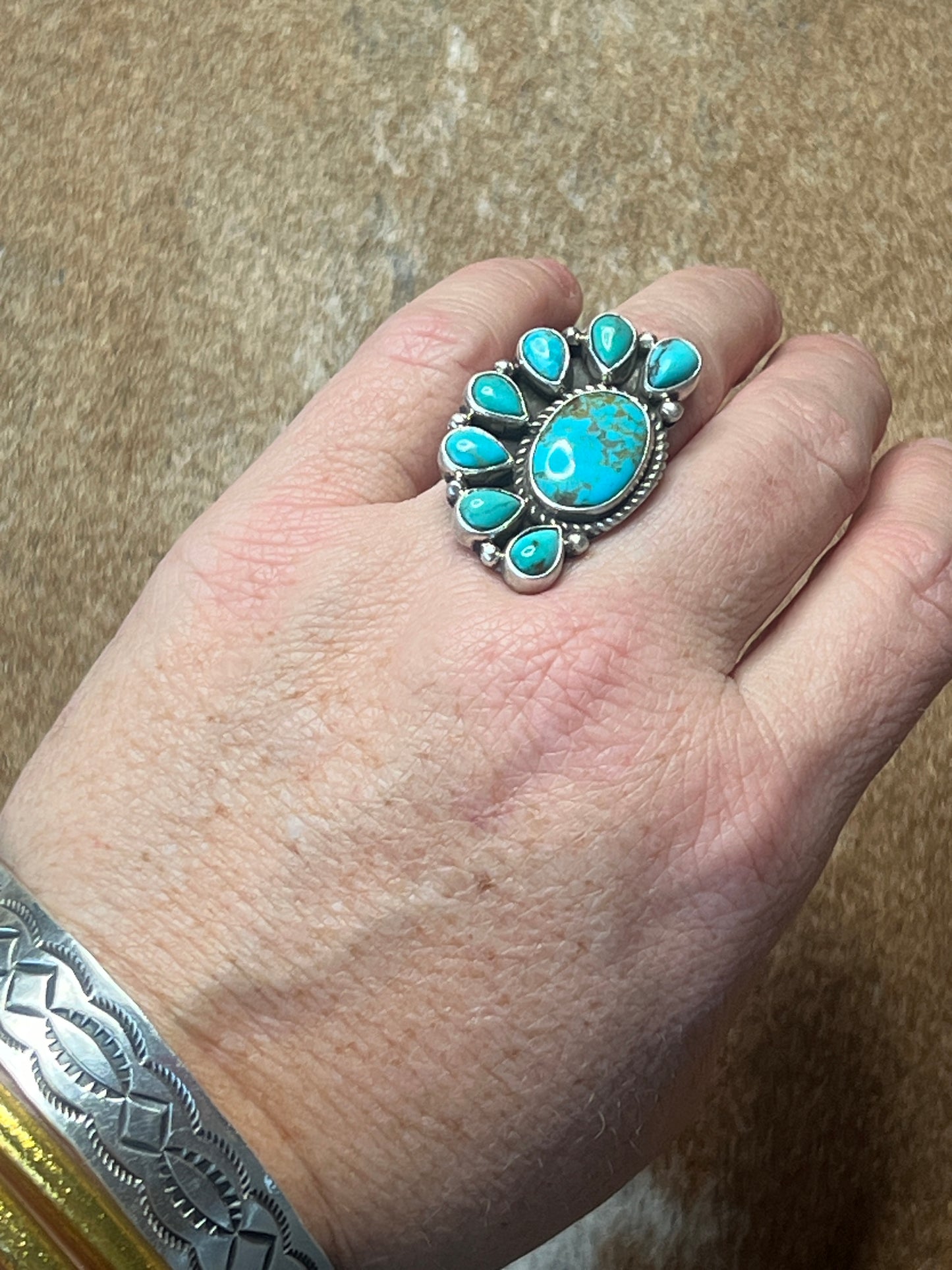 Half Cluster Turquoise Adjustable Ring by Geraldine James