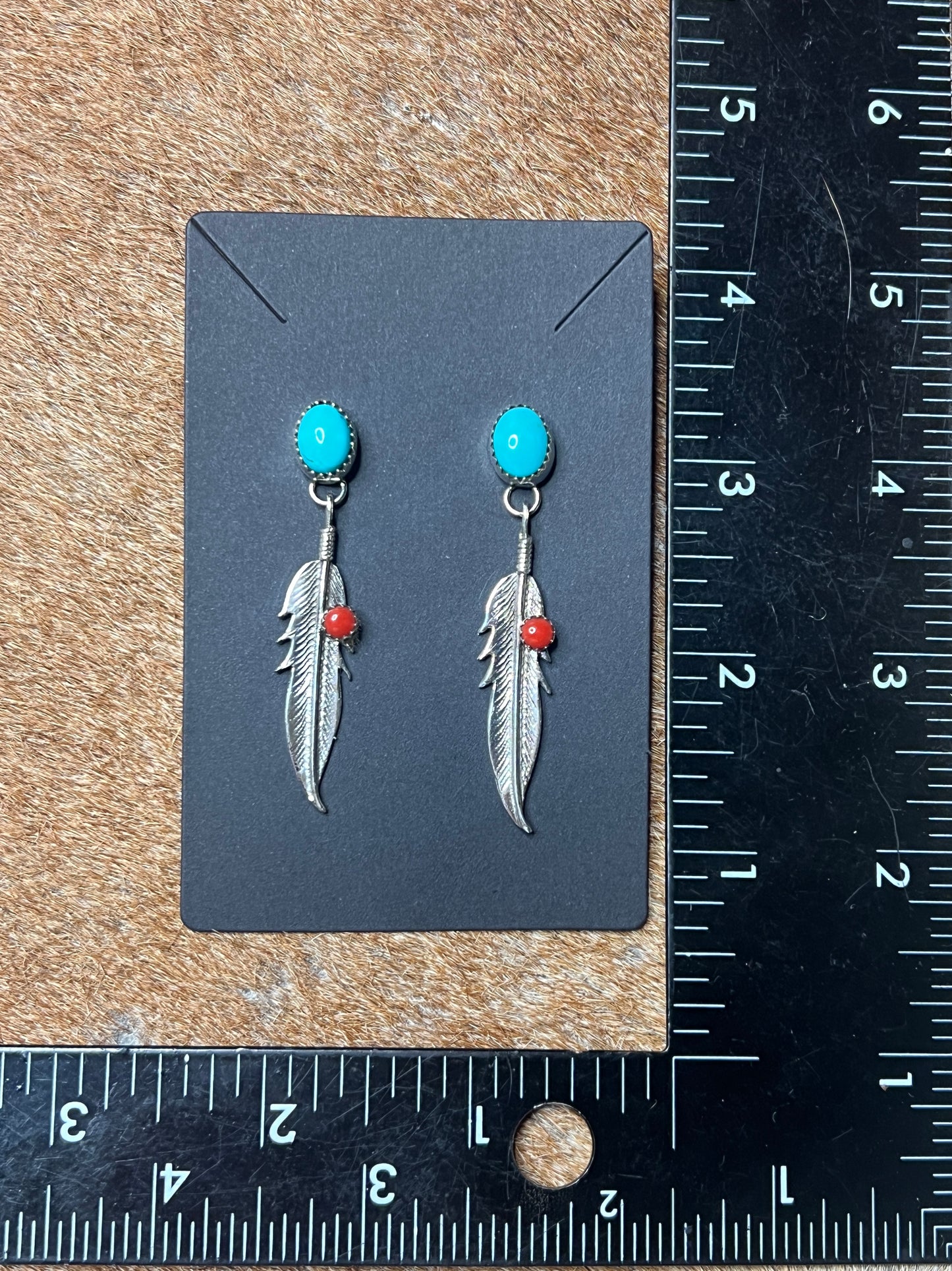 Native Turquoise and Coral Feather Earrings
