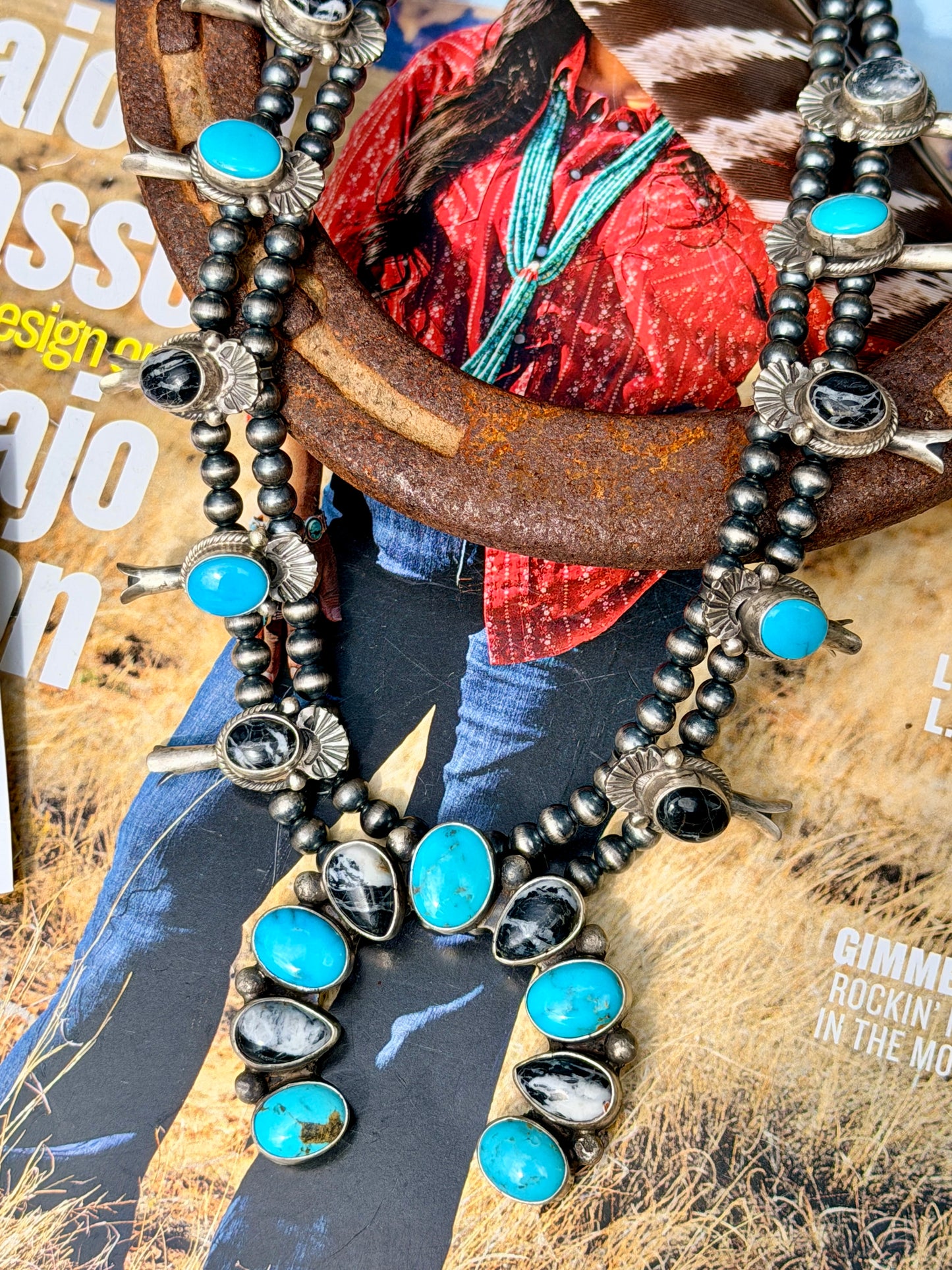 Native Made White Buffalo and Turquoise Squash Blossom Necklace and Earring Set