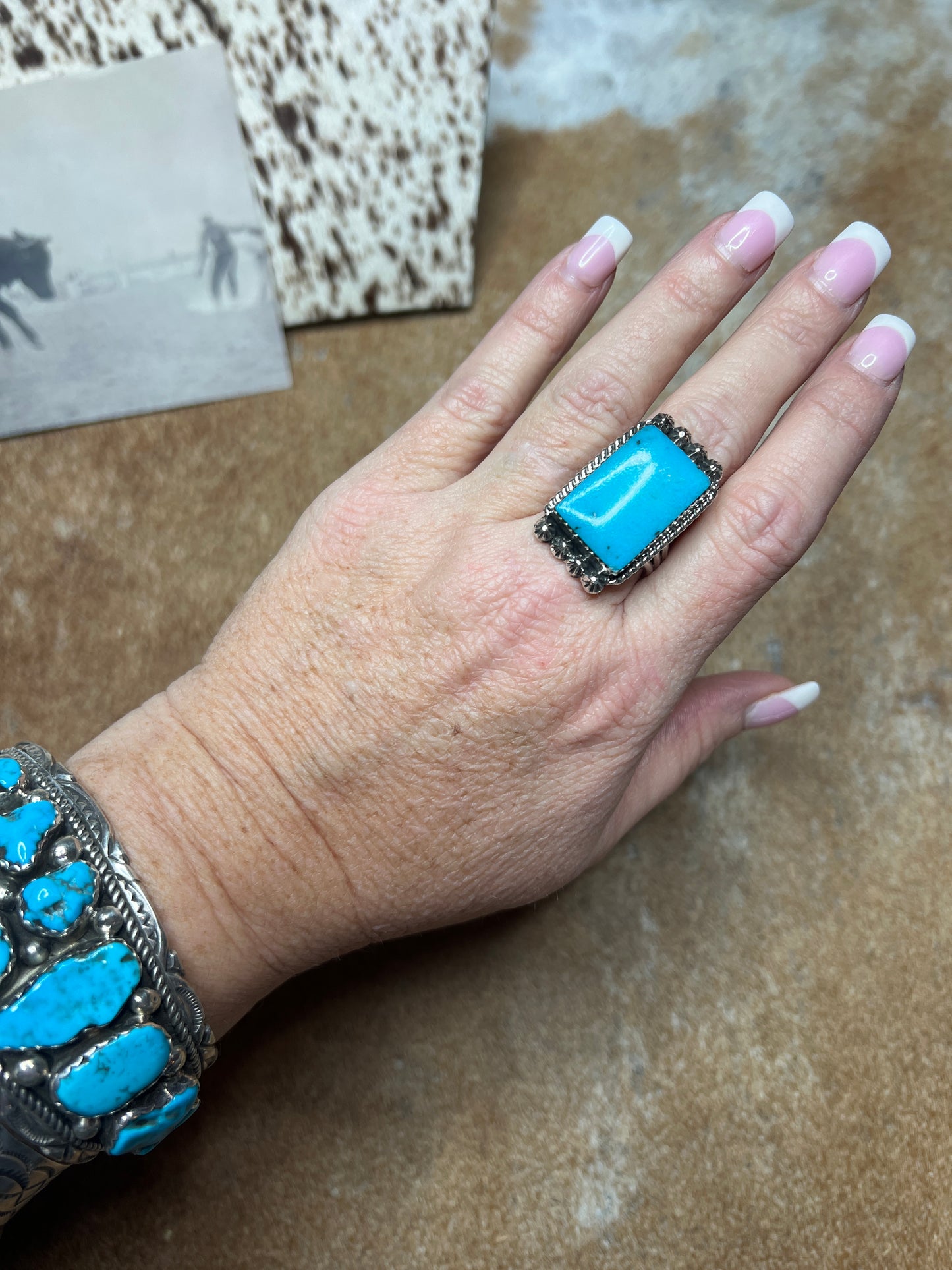 Large Turquoise Rectangular Ring with Starburst size 9