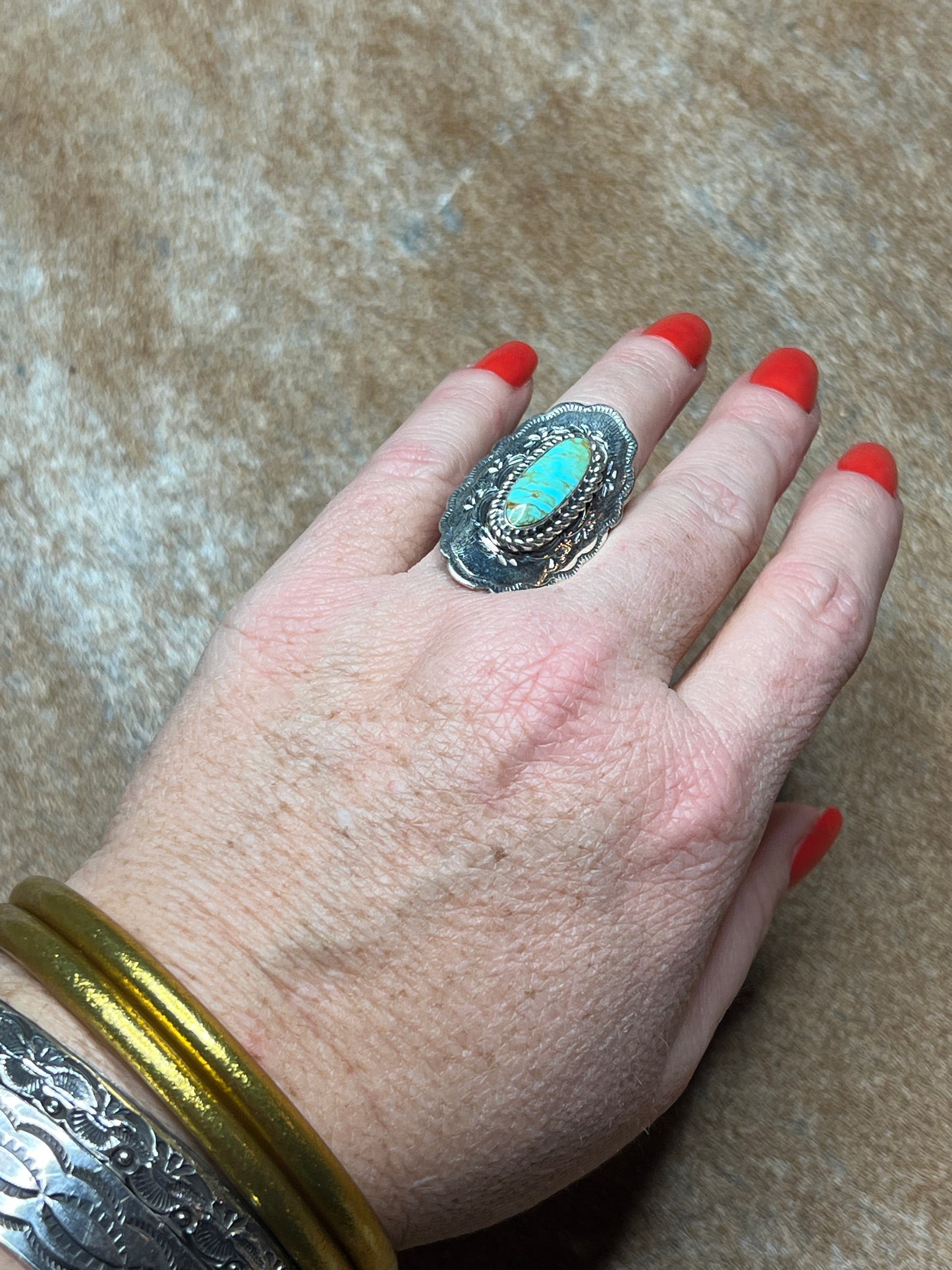 Navajo Sterling Silver Turquoise Ring by Charlene Yazzie, Size 6