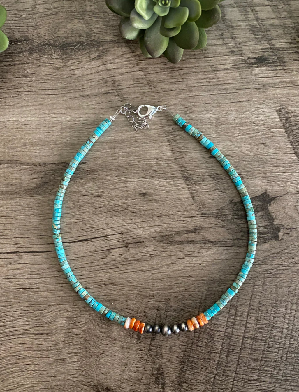 Vibrant necklace- Sterling Silver Pearls and Spiny Oyster on Turquoise Veracite