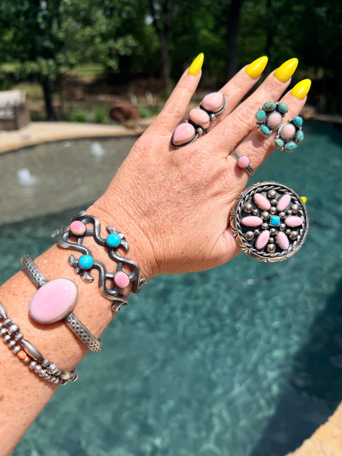 Native Made Pink Conch and Turquoise Cluster Ring Size 5 Sterling Silver J Begay