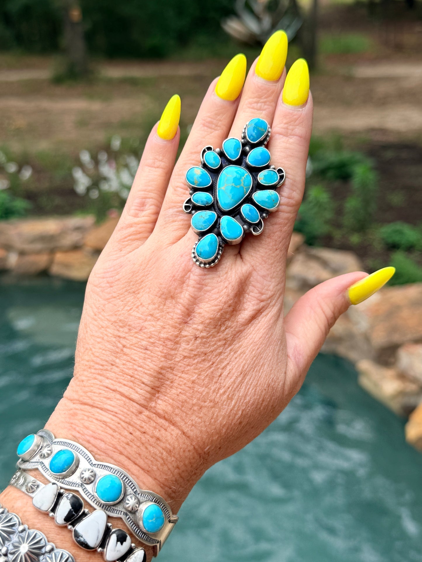 Native Made by Sheila Becenti, 13 Stone Kingman Turquoise & Sterling Sliver Adjustable Cluster Ring