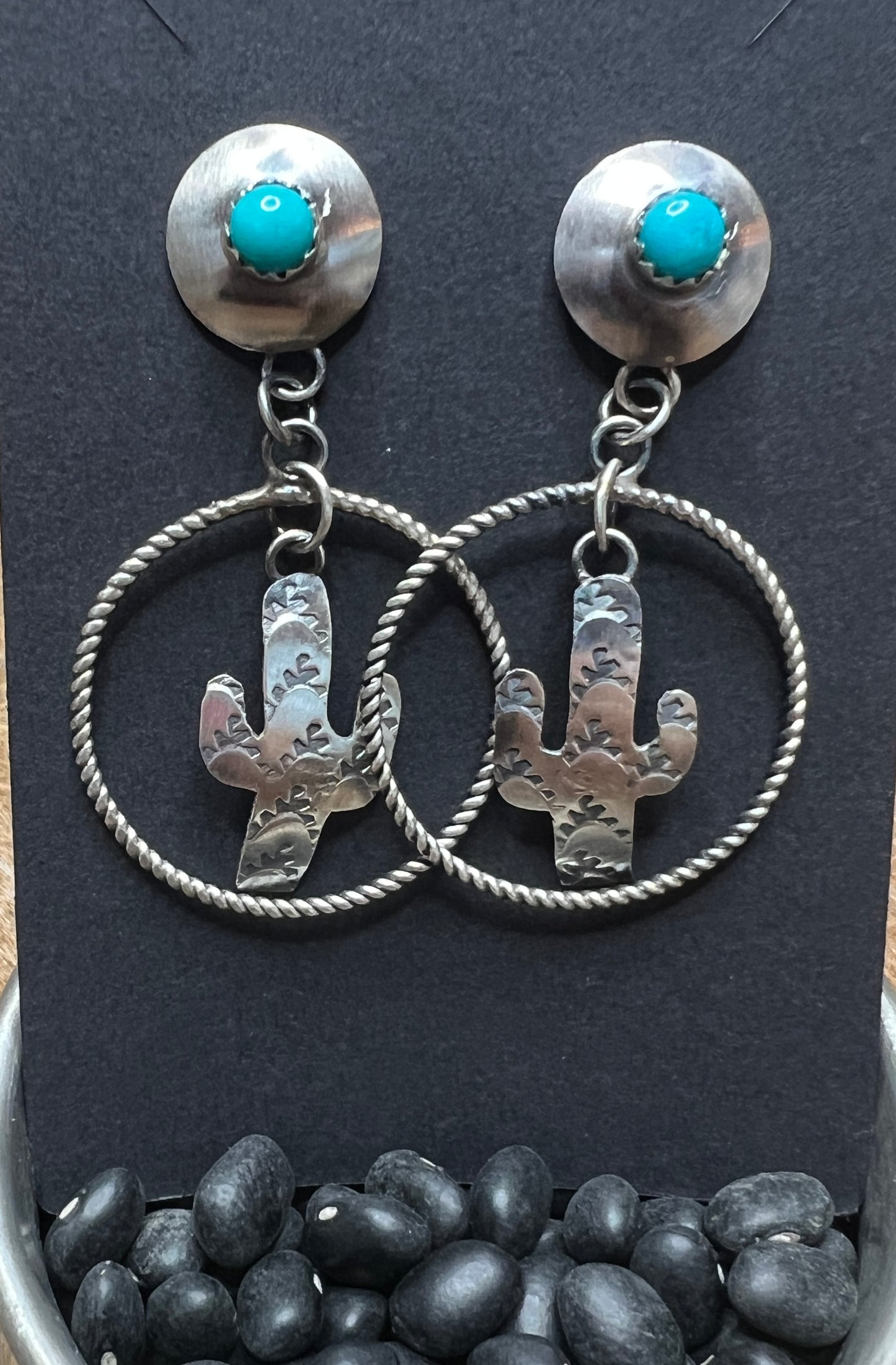 NATIVE HANDMADE SLEEPING BEAUTY TURQUOISE CACTUS DANGLE EARRINGS