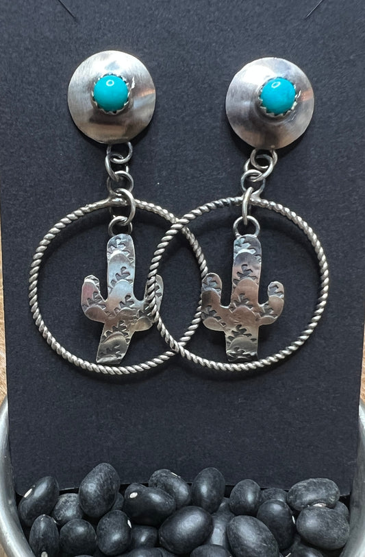NATIVE HANDMADE SLEEPING BEAUTY TURQUOISE CACTUS DANGLE EARRINGS