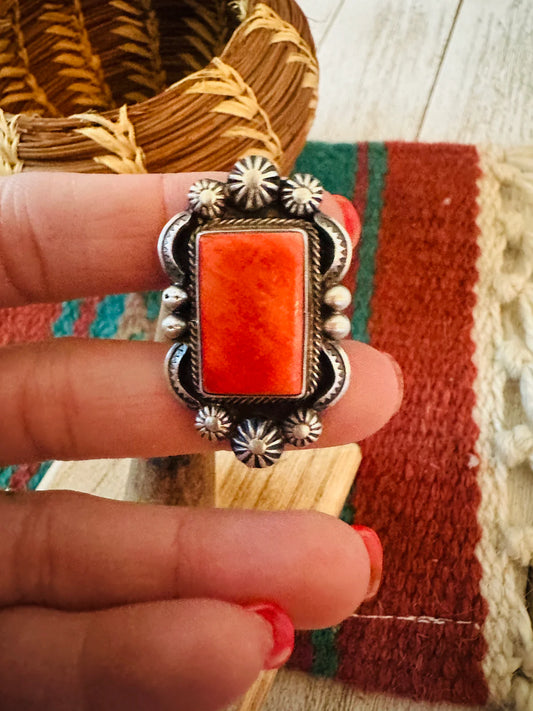 HANDCRAFTED STERLING SILVER & ORANGE SPINY RING Size 7