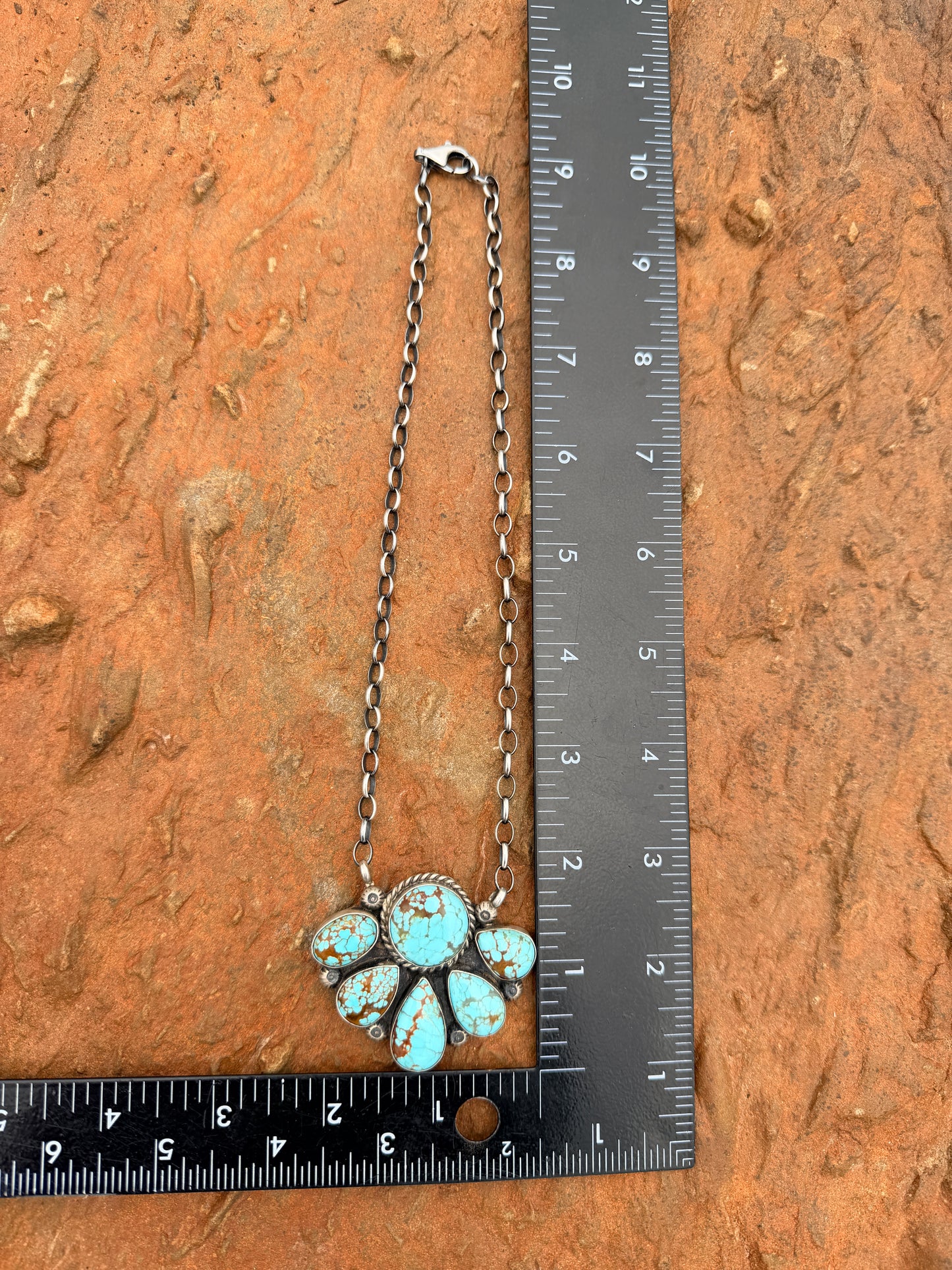 *AUTHENTIC* Navajo Sterling Silver & Mine Number 8 Turquoise Cluster Necklace by Augustine Largo