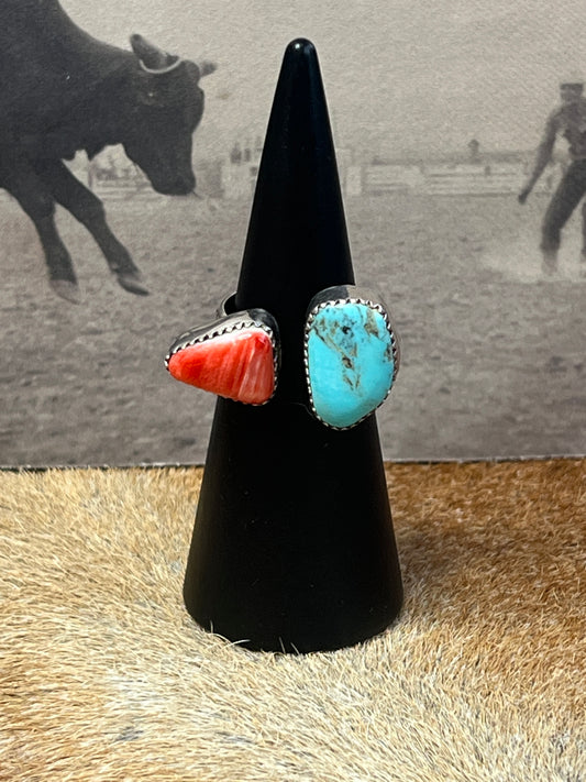 Navajo Turquoise Orange Spiny Ring Sz 7.5 Adjustable Sterling Silver J Long