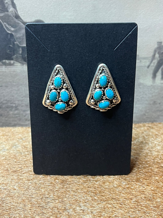 Navajo Turquoise Cluster Beads Sterling Silver Shield Earrings by M. Chee