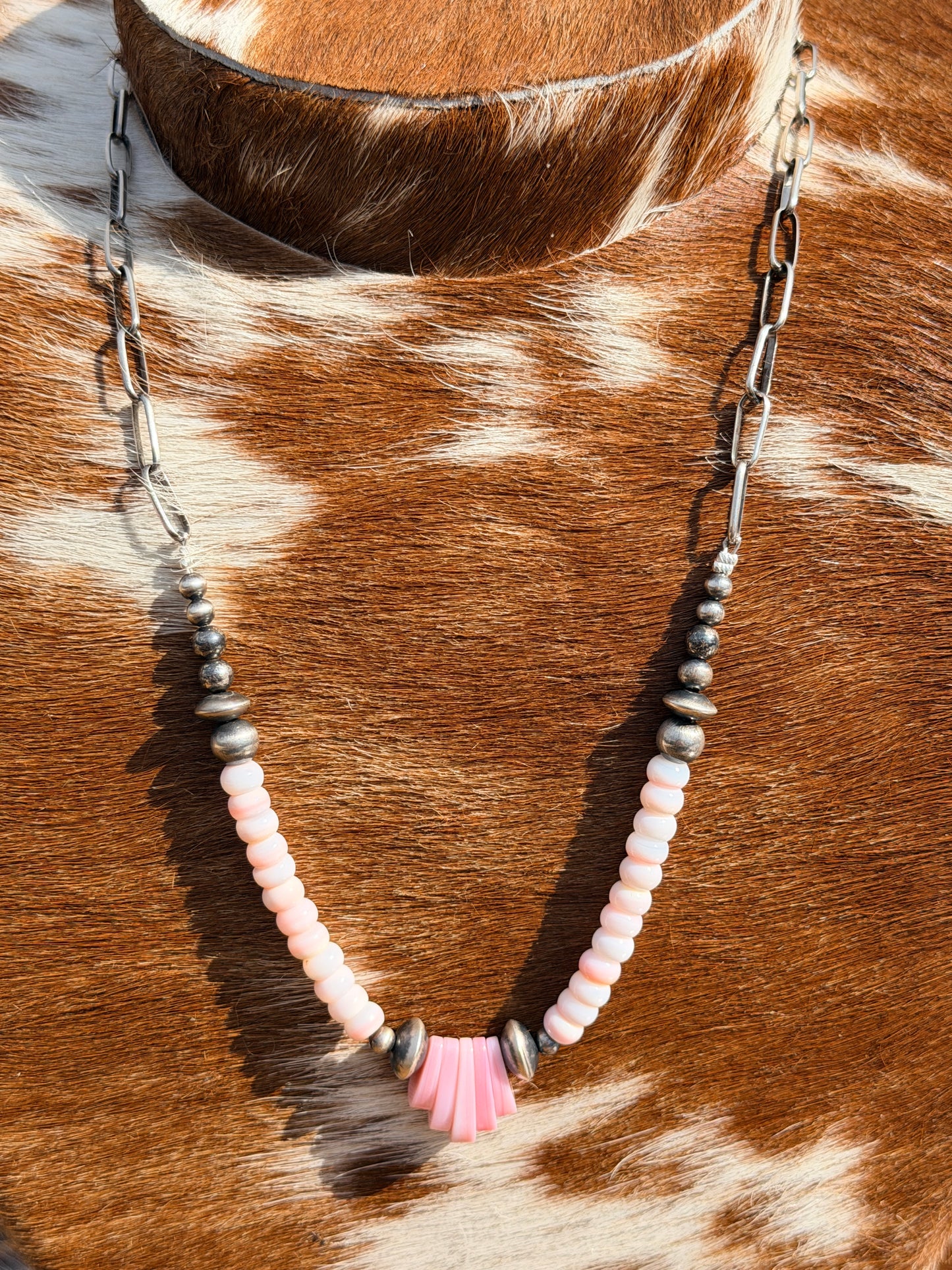 Pink Conch Necklace with Navajo Pearls on Paper Clip Chain