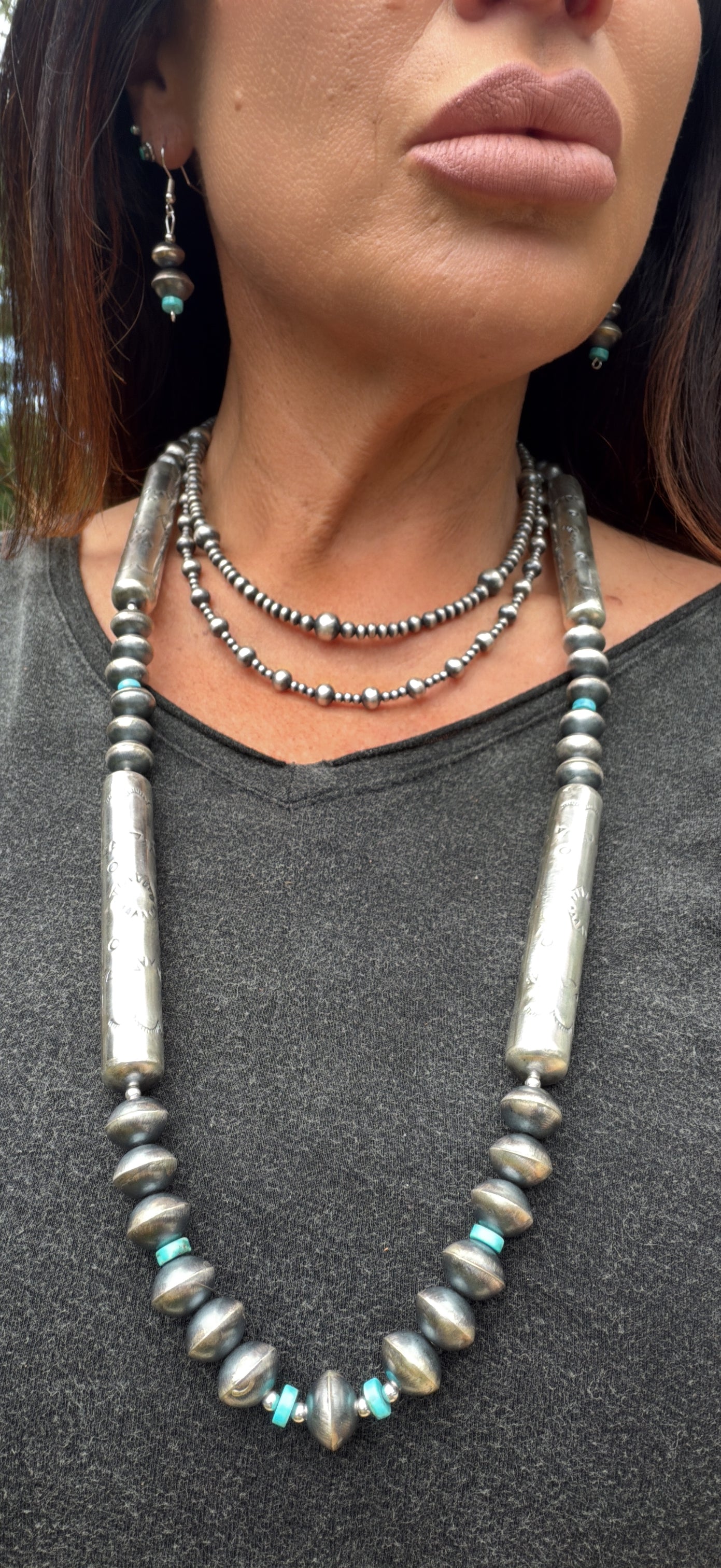 32" Navajo Pearl Necklace w Square Beads + Stamped Barrels by Sharon Cooley