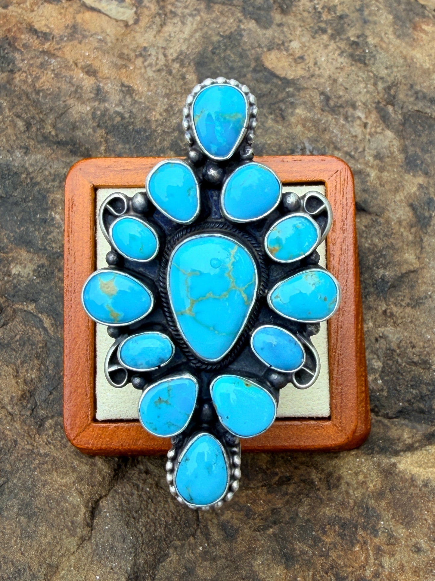 Native Made by Sheila Becenti, 13 Stone Kingman Turquoise & Sterling Sliver Adjustable Cluster Ring