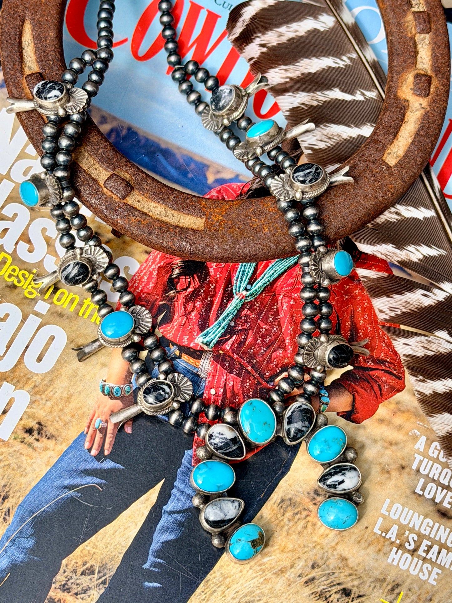 Native Made White Buffalo and Turquoise Squash Blossom Necklace and Earring Set