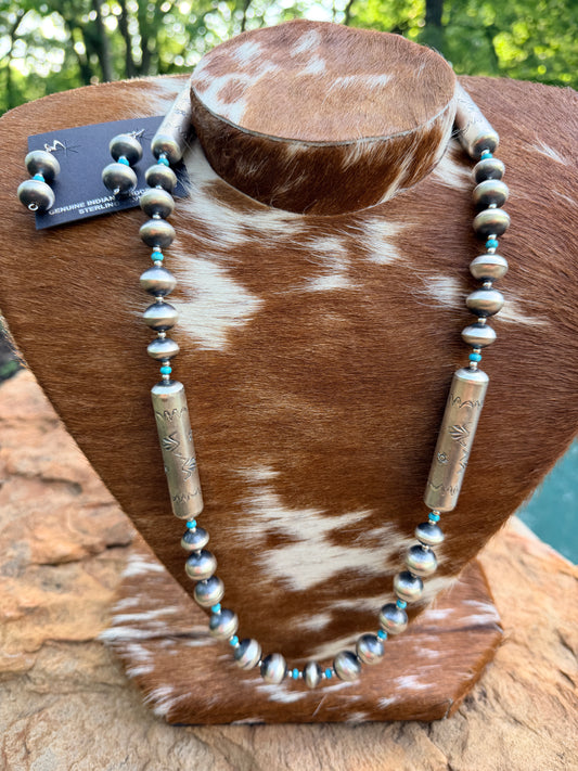 32" Navajo Pearl Necklace w Square Beads + Stamped Barrels by Sharon Cooley