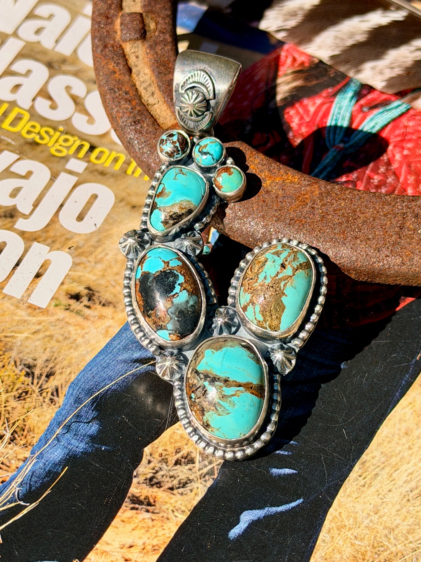 Larry Kaye Kingman Turquoise & Sterling Silver Cluster Cactus Pendant