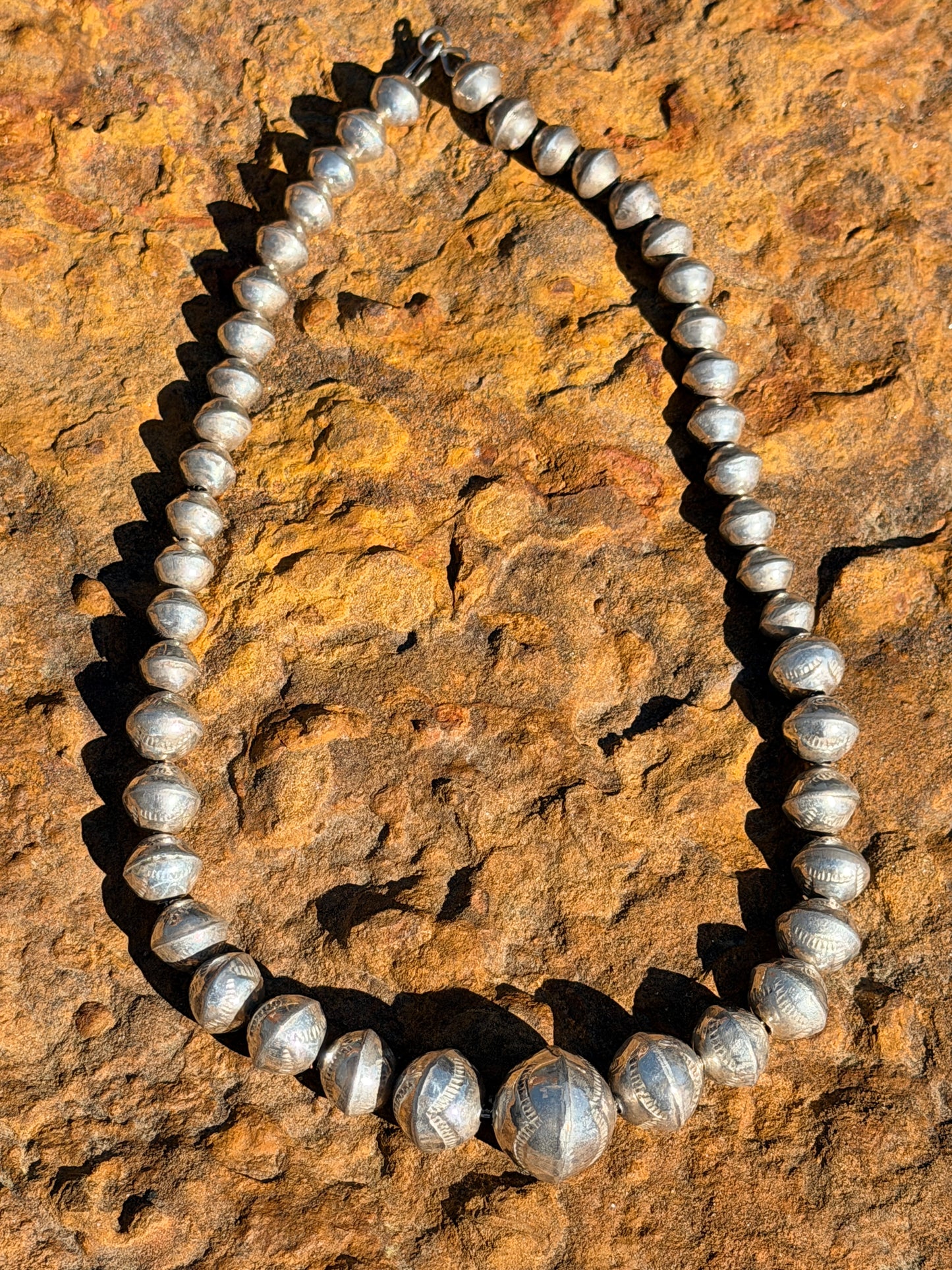 Vintage Old Pawn Navajo Pearls Necklace Graduated Beads Hand Stamped Sterling Silver 18” Long