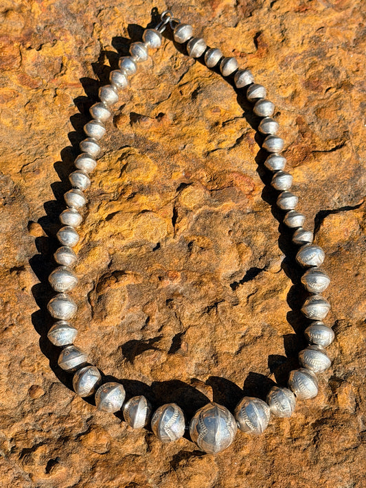 Vintage Old Pawn Navajo Pearls Necklace Graduated Beads Hand Stamped Sterling Silver 18” Long