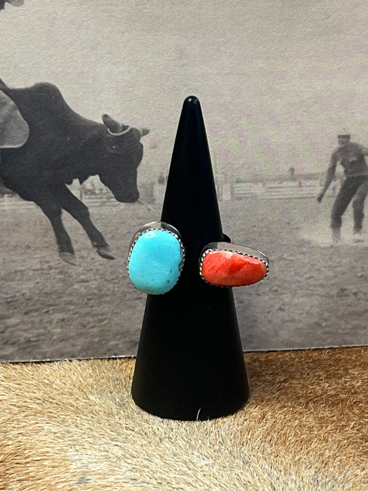 Navajo Turquoise Orange Spiny Ring Sz 8 Adjustable Sterling Silver J Long