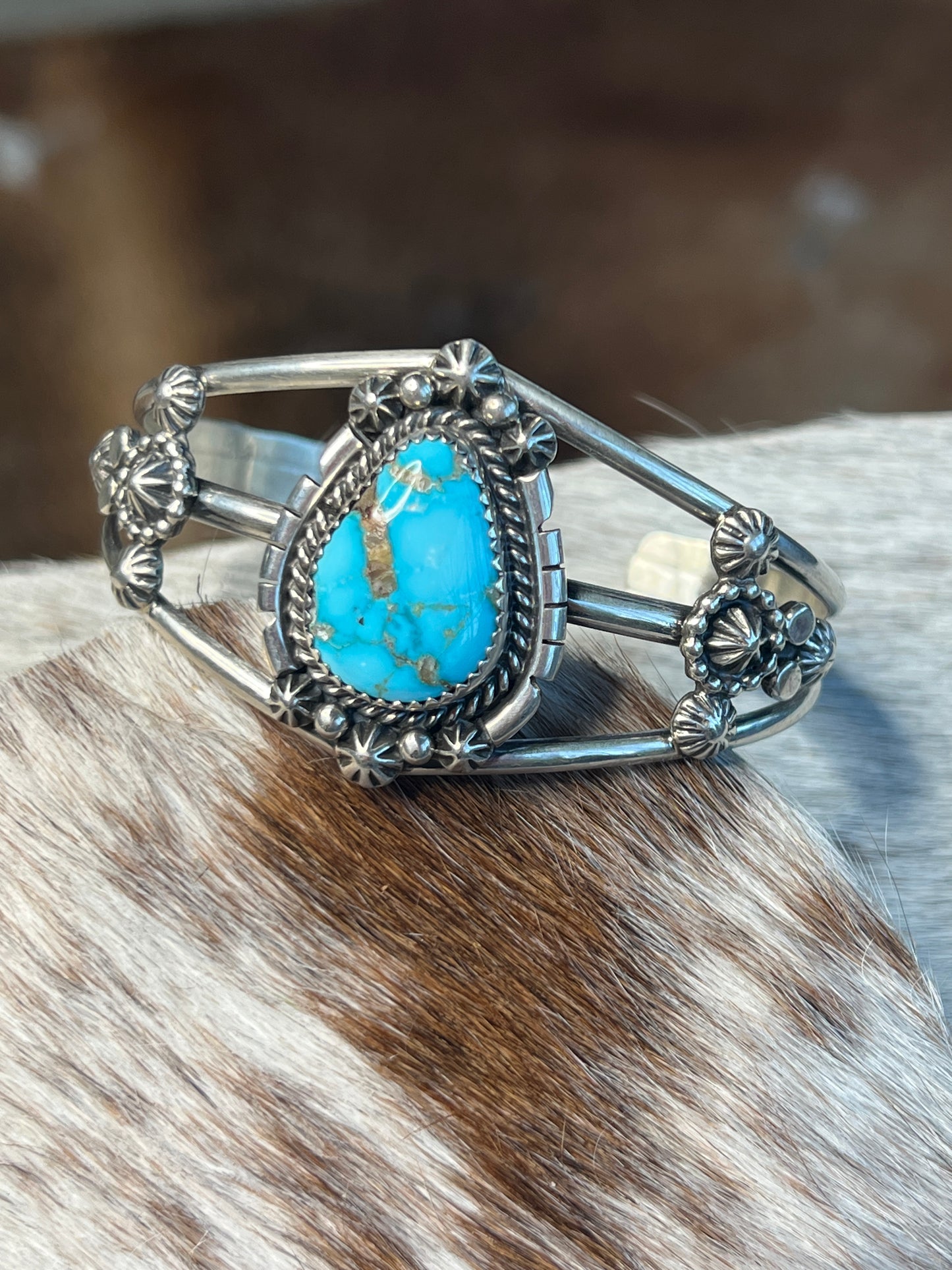 Native Made Large Detailed Turquoise Cuff