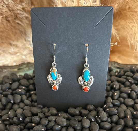 Dainty Turquoise and Coral Earrings by Navajo Artist
