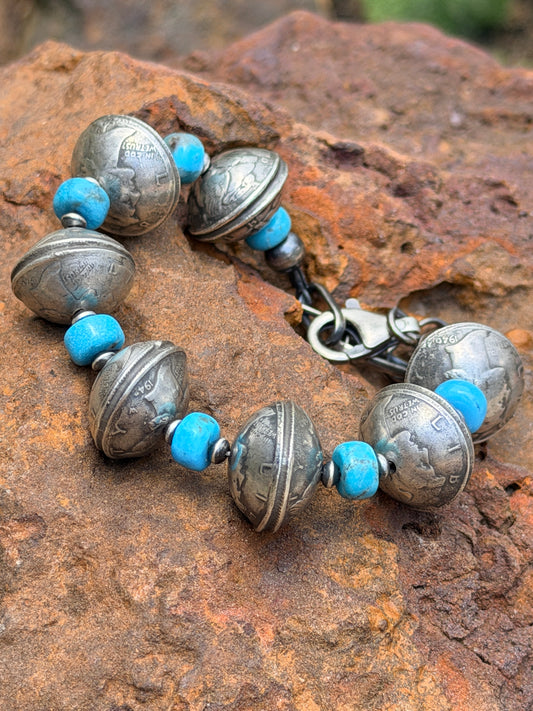 Mercury Dime Coin Bracelet with Turquoise Stones