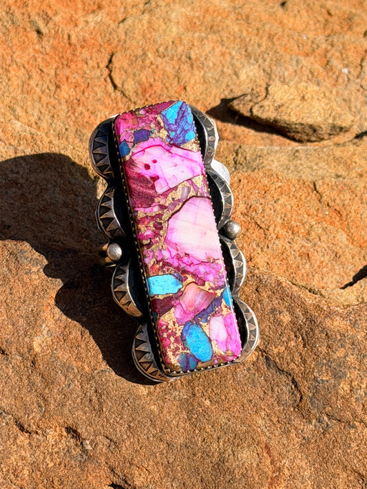 Authentic Tia Long Navajo Sterling Pink Dahlia Adjustable Ring 16g