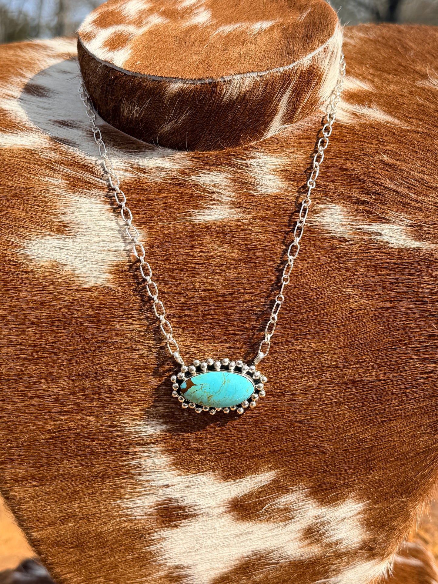 Kingman turquoise oval bar station necklace sterling silver Gregg Yazzie