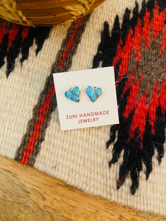 HANDCRAFTED STERLING SILVER & TURQUOISE INLAY STUD HEART EARRINGS