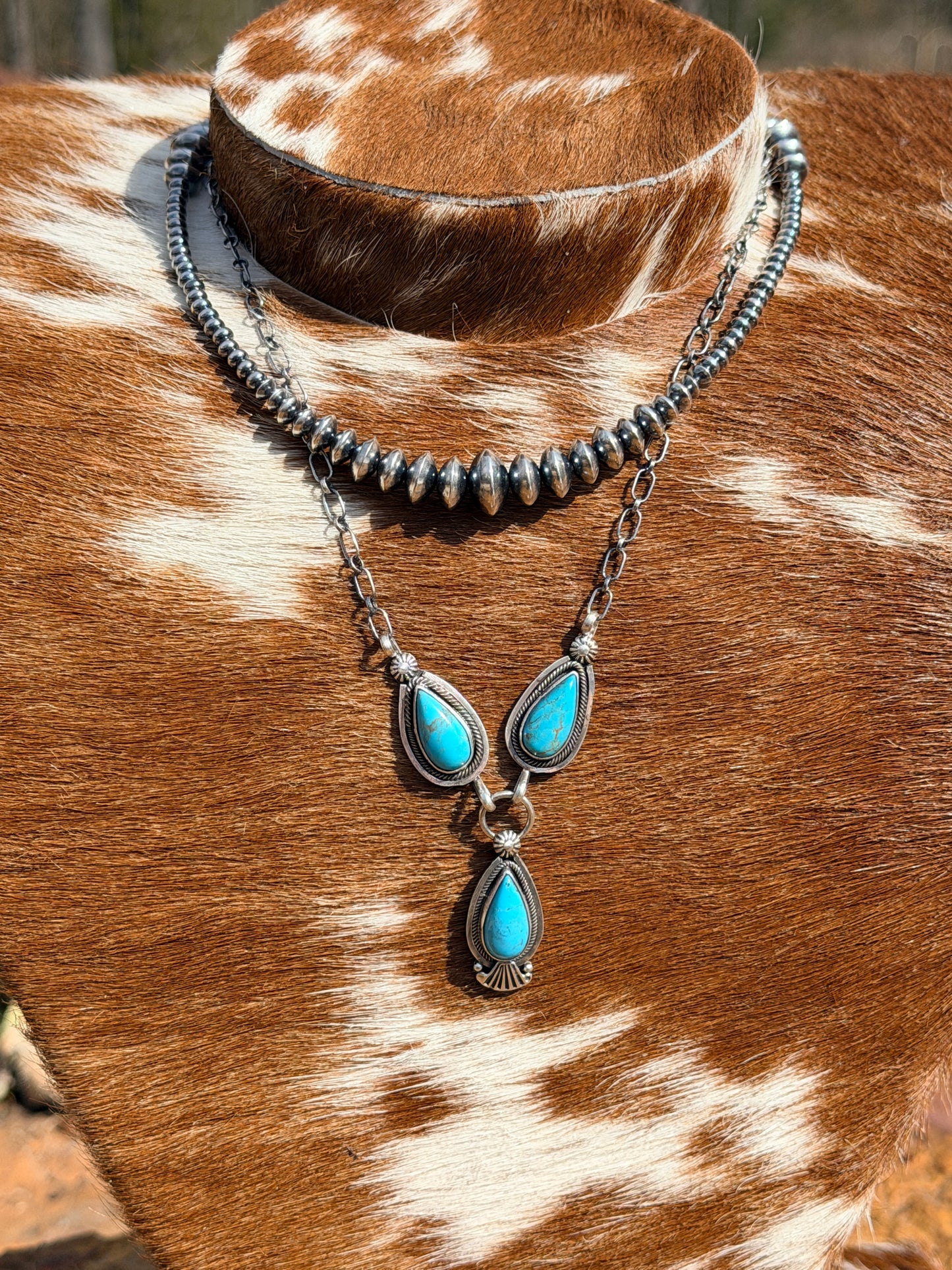 Turquoise and Sterling Silver Lariat Necklace by Running Bear