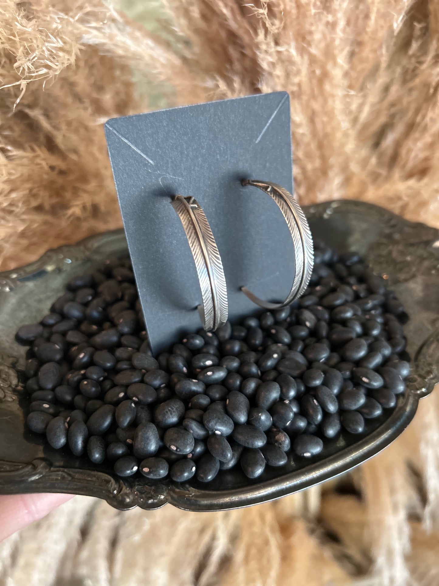 Chris Charley Native American Sterling Silver Feather Semi Hoop Earrings