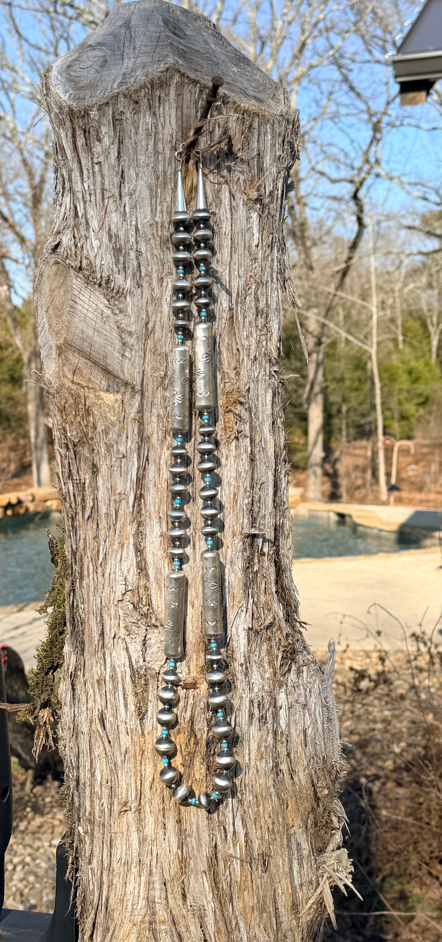 32" Navajo Pearl Necklace w Square Beads + Stamped Barrels